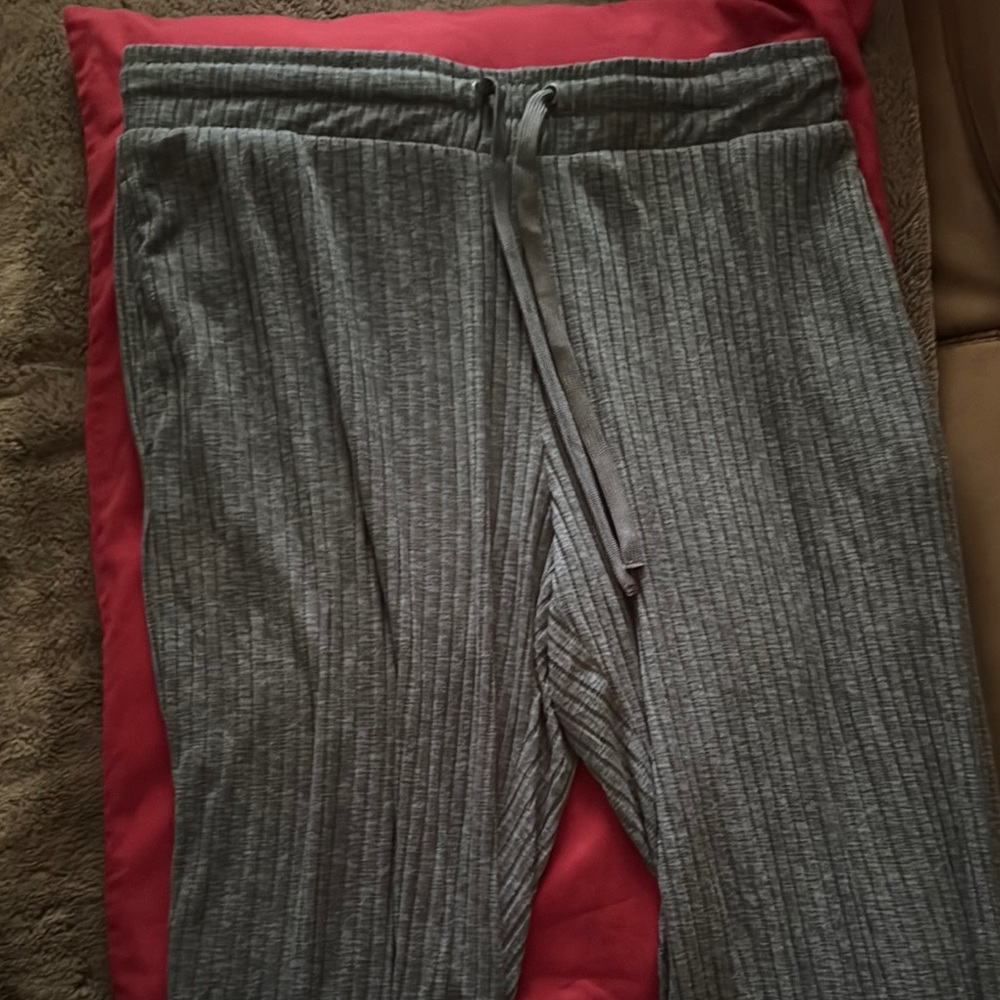 Gray Ribbed Pajama Pants with Drawstring Waist